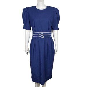 Vintage 80s Midi Dress Size 14 Puff Sleeves Striped Detail Sunshine Starshine